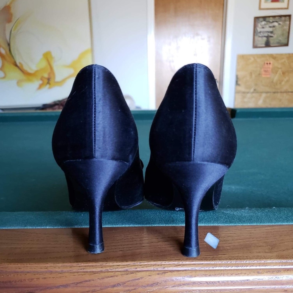 Black Satin Open Toe Pumps - Picture 8 of 9